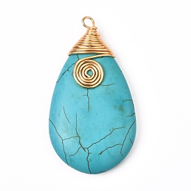 Natural Howlite Pendants, Dyed, with Real 18K Gold Plated Brass Findings, Teardrop