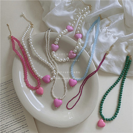 Pink Beaded Necklace Sweet and Cute Girly Love Heart Clavicle Chain Temperament Versatile Necklace