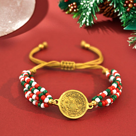 Christmas Theme Adjustable Seed Bead Braided Bead Bracelets, Brass Charm Bracelets for Women