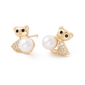 Cubic Zirconia Bear Stud Earrings with Acrylic Pearl, Brass Jewelry for Women, Lead Free & Cadmium Free