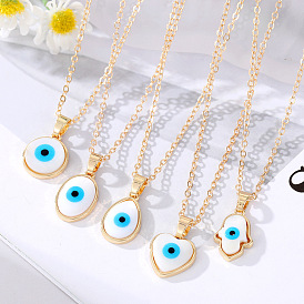 Blue Evil Eye Pendant Necklace with Seashell and Lock Chain for Women