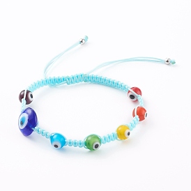 Chakra Jewelry, Adjustable Nylon Thread Braided Bead Bracelets, with Handmade Evil Eye Lampwork Beads