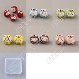12Pcs 6 Colors Printed Handmade Porcelain Beads, Maneki Neko