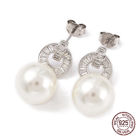 Cubic Zirconia Ring with Shell Pearl Dangle Stud Earrings, Rhodium Plated 925 Sterling Silver Earrings for Women