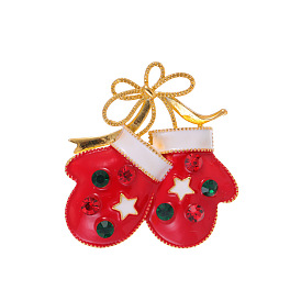 Christmas Red Gloves Alloy Enamel Brooches, with Rhinestone, Enamel Pins
