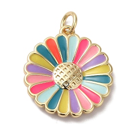 Rack Plating Brass Enamel Pendants, with Jump Ring, Long-Lasting Plated, Lead Free & Cadmium Free, Real 18K Gold Plated, Sunflower Charm
