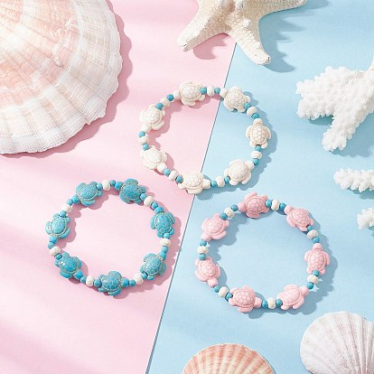 3 Bracelets extensibles en perles de turquoise synthétique et de coquillages d'eau douce naturels pour femmes, tortue de mer
