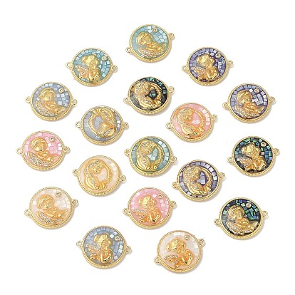 Epoxy Resin & Shell Connector Charms, Rack Plating Brass Pave Clear Cubic Zirconia Flat Round Links, 18K Gold Plated, Mixed Color, Long-lasting Plated, Cadmium Free & Lead Free