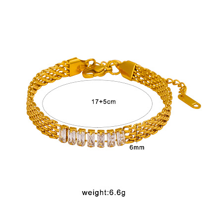 304 Edelstahl-Armbänder mit rechteckigem Pavé-Fassung und klaren Zirkonia-Steinen aus Mesh-Kette für Damen