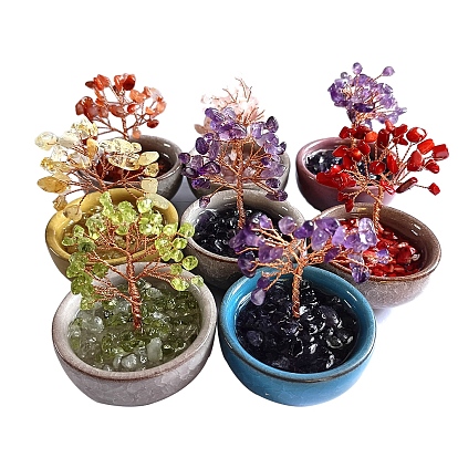 Natural Gemstone Chips Tree of Life Decorations, Copper Wire Feng Shui Energy Stone Gift for Women Men Meditation