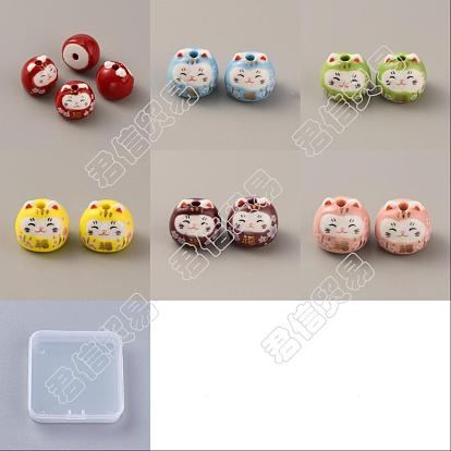 12Pcs 6 Colors Printed Handmade Porcelain Beads, Maneki Neko