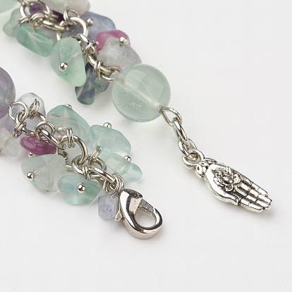 Gemstone Bracelets, with Natural Fluorite Bead, Gravel and Brass Hand