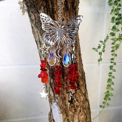 Metal Hollow Butterfly Hanging Ornaments, Lampwork Chip and Glass Teardrop Tassel Suncatchers for Home Outdoor Decoration