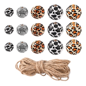 Kit de fabrication de décoration d'affichage de pendentif en perles de bois bricolage, y compris des perles rondes en bois naturel imprimées léopard et vache, corde de jute