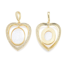 Brass Micro Pave Clear Cubic Zirconia Pendants, with Shell, Nickel Free, Real 18K Gold Plated, Heart