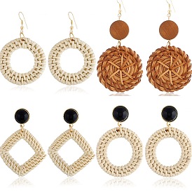 Handmade Woven Circle Earrings for Women - Boho Style Rattan Hoop Earrings