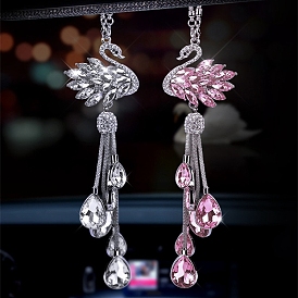 Metal Rhinestone Swan Pendant Decorations, Glass Teardrop Tassel for Car Rearview Mirror Hanging Ornament