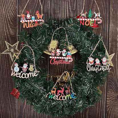 8Pcs 8 Style Christmas Decorative Wooden Door Sign, Wood Big Pendants for Door, Hanging Ornament, Mixed Shape