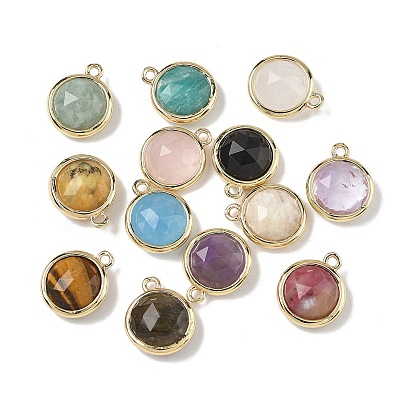 Плоские круглые подвески с ограненными натуральными драгоценными камнями, с латунной, с латунными накладками на стойку, долговечный, золотые