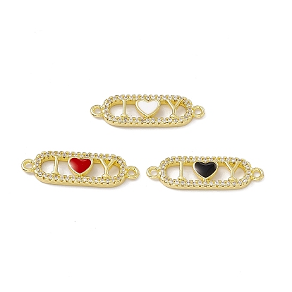 Rack Plating Brass Micro Pave Clear Cubic Zirconia Connector Charms, with Enamel, Cadmium Free & Lead Free, Oval with Heart Links, Real 18K Gold Plated