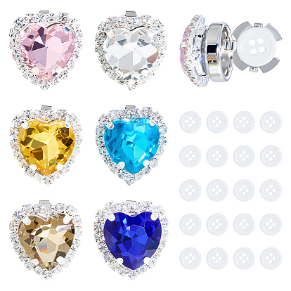 6шт 6 цвета сплава горный хрусталь запонки, сердце, 20шт 4-отверстие смоляные кнопки, плоско-круглые, платина