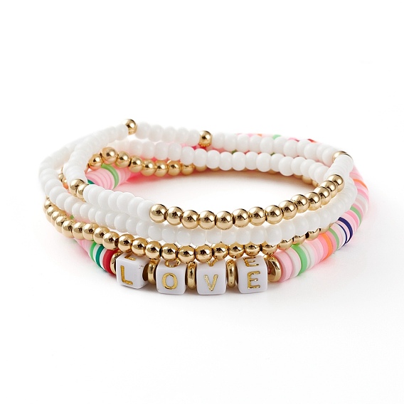 4Pcs 4 Styles Stretch Bracelets Sets, Stackable Bracelets, with Polymer Clay Heishi Beads, Glass Beads, Brass Beads and Acrylic Letter Beads, Word Love, Golden