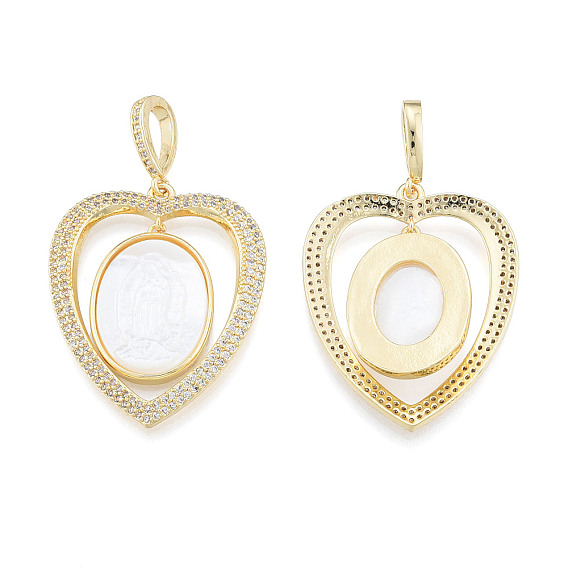 Brass Micro Pave Clear Cubic Zirconia Pendants, with Shell, Nickel Free, Real 18K Gold Plated, Heart