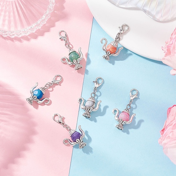 Чайник из натурального выветренного агата и сплава в тибетском стиле, подвесные украшения, с карабин-лобстерами 