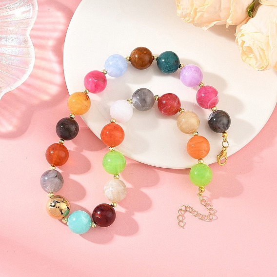 16MM Round Imitation Gemstone Acrylic Beaded Necklaces for Women, Golden