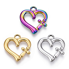 304 Stainless Steel Pendants, Heart with Cross Charm