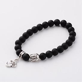 Bracelets de charme alliage ohm style tibétain, bracelets givrées stretch en pierre noire synthétiques, Bouddha, 53mm
