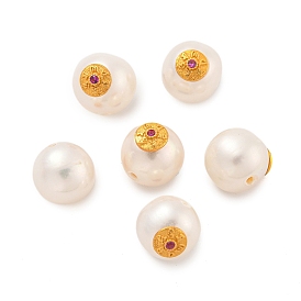 Round Natural Freshwater Pearl Beads, with Long-Lasting Plated Rack Plating Brass Flat Round with Om Mani Padme Hum Findings