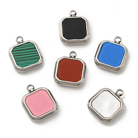 304 Stainless Steel Pendants, with Synthetic Malachite & Acrylic & Shell, Square Charm