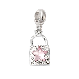 Rack Plating Alloy Light Rose Rhinestone European Dangle Charms, Large Hole Star Lock Pendants, Cadmium Free & Nickel Free & Lead Free