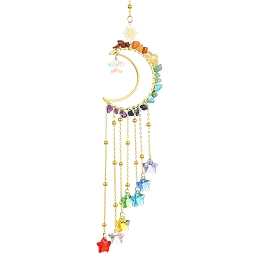 Star Glass Pendant Decoration, Hanging Suncatchers, with Ring 304 Stainless Steel Finding, Brass Finding & Chakra Gemstone Chip Beads