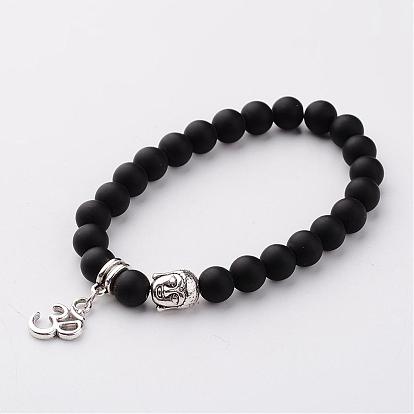 Bracelets de charme alliage ohm style tibétain, bracelets givrées stretch en pierre noire synthétiques, Bouddha, 53mm