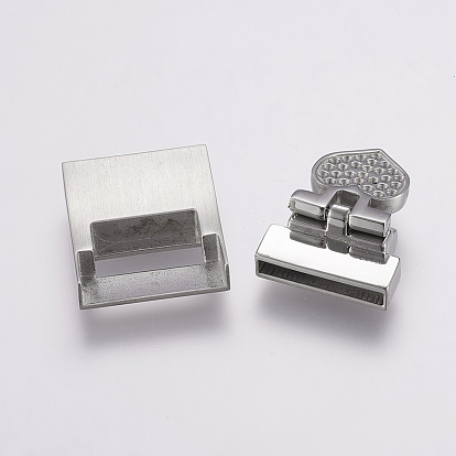 304 Stainless Steel Magnetic Clasps with Glue-in Ends, Ion Plating (IP), Rectangle with Heart