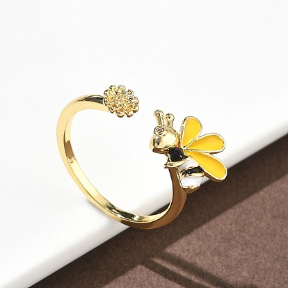 Латунь манжеты кольца, цветок с пчелами, с эмалью