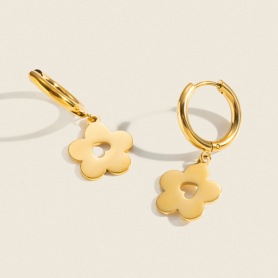 304 Stainless Steel Hoop Dangle Earrings for Women, Flower