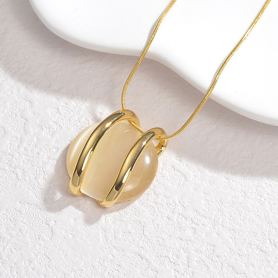 304 Женские плоские круглые подвески из нержавеющей стали и кошачьего глаза, цвет пшеницы