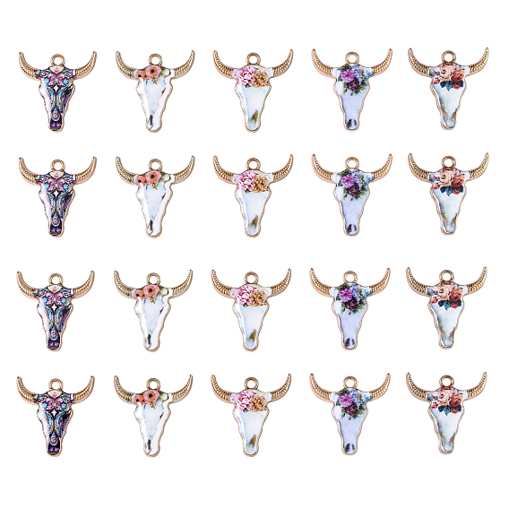 50 шт. 5 подвески из цинкового сплава с эмалью, золотой свет, в форме головы быка с цветочным узором