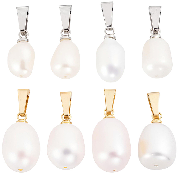 10Pcs 2 Styles Natural Cultured Freshwater Pearl Rice Pendants, with 201 Stainless Steel Snap on Bails, White