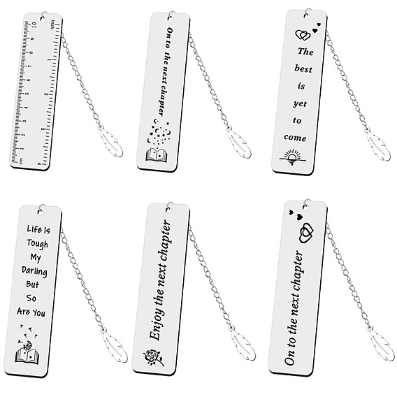 Rectangle Quote/Ruler Bookmark, Stainless Steel Bookmark, Feather Pendant Bookmark with Long Chain, Dandelion/Star/Heart/Moon/Cross Pattern