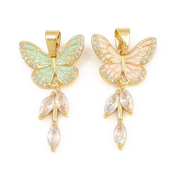 Colgantes de latón con circonitas cúbicas transparentes y esmalte., encantos de la mariposa, real 18 k chapado en oro