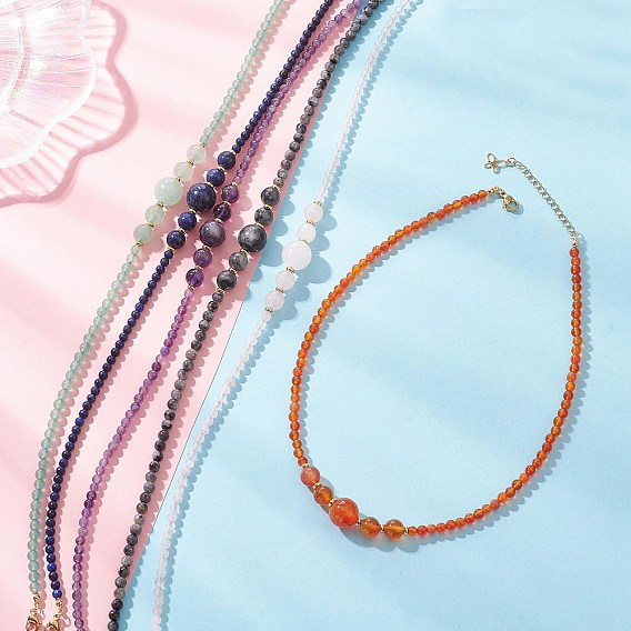 Ожерелья из круглых бусин с градуированными бусинами из натурального зеленого авантюрина, розового кварца, ларвикита, лазурита, аметиста и сердолика, с концевыми подвесками из нержавеющей стали, золотые
