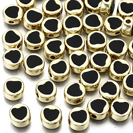 Alloy Enamel Beads, Cadmium Free & Lead Free, Flat Round with Heart, Light Gold