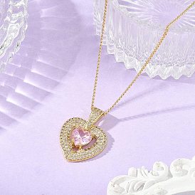 Herzanhänger aus Messing mit rosa Zirkonia-Pavé und Messing-Panzerkette für Damen, golden