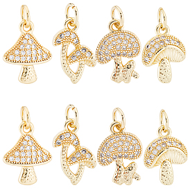 8 шт 4 стили латунные подвески из микропаве с фианитом, грибные прелести, с целью перехода в кольце, долговечный, без кадмия и без свинца, стойки покрытие