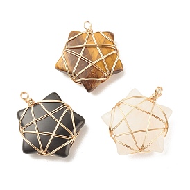 Natural Mixed Stone Pendants, with Light Gold Tone Copper Wire Wrapped, Star