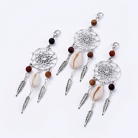 Alloy Big Pendants, with Cowrie Shell Beads, Wood Beads and Zinc Alloy Lobster Claw Clasps, Woven Net/Web with Feather